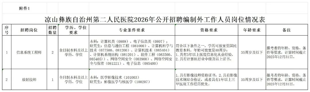 凉山彝族自治州第二人民医院2026年公开招聘编制外工作人员的公告